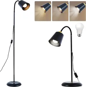 Adjustable Floor Lamp with LED Bulb, Industrial Design for Living Room, Bedroom, Office - Black