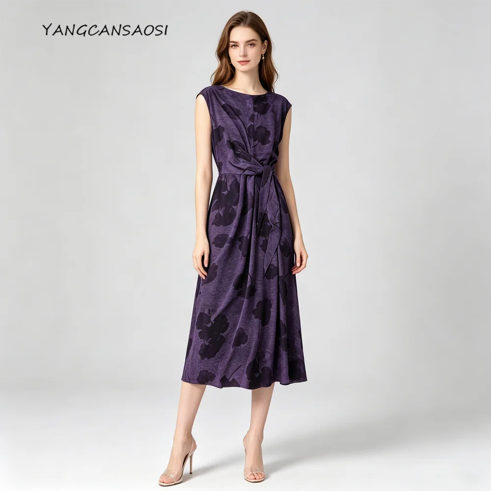 2026 Women's Casual Summer New Deep Purple Tie Dyeing Printed 100% Natural Mulberry Silk Crepe De Chine Side Strap Split Dress