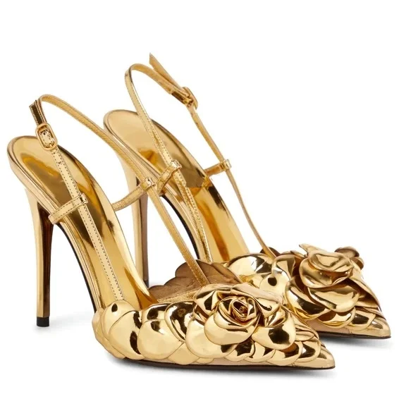 Fretwork High Heels Luxury Ladies New Gold Flower Carving Slingback Sandals Ruffle Stiletto Hollow Design Fashion Sexy Shoes