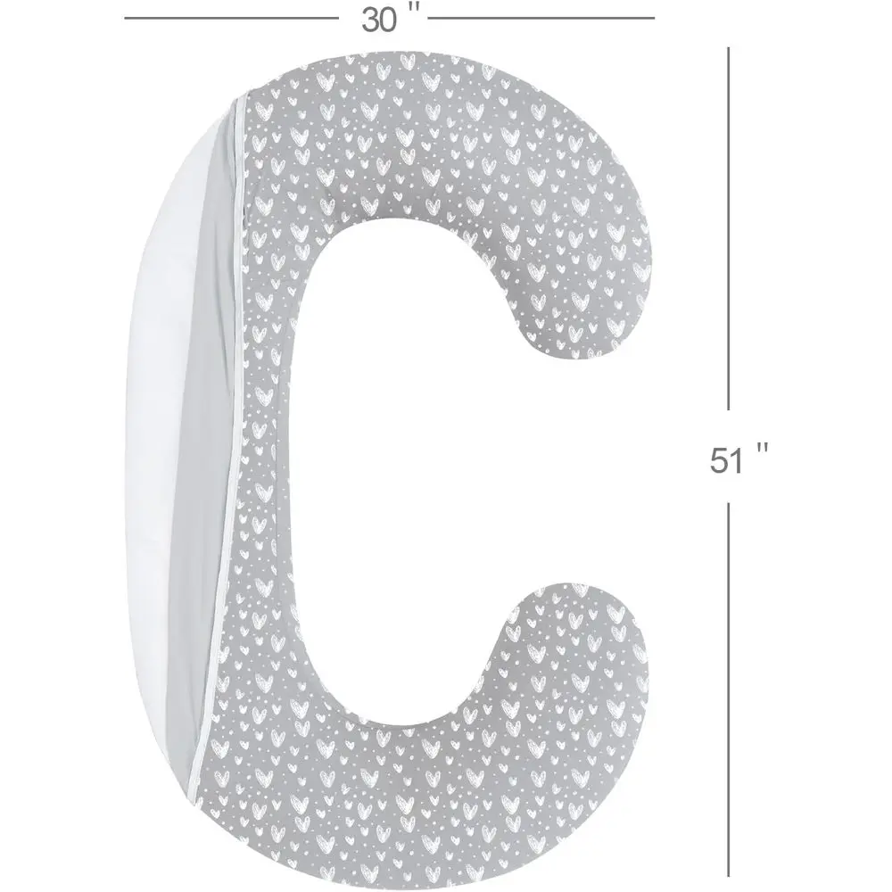 C Shaped Pillowcase, Grey Heart Print, Full Body Pillow Case Cover, Maternity, Ultra Soft, Stretchy, Breathable Fabric, Universa