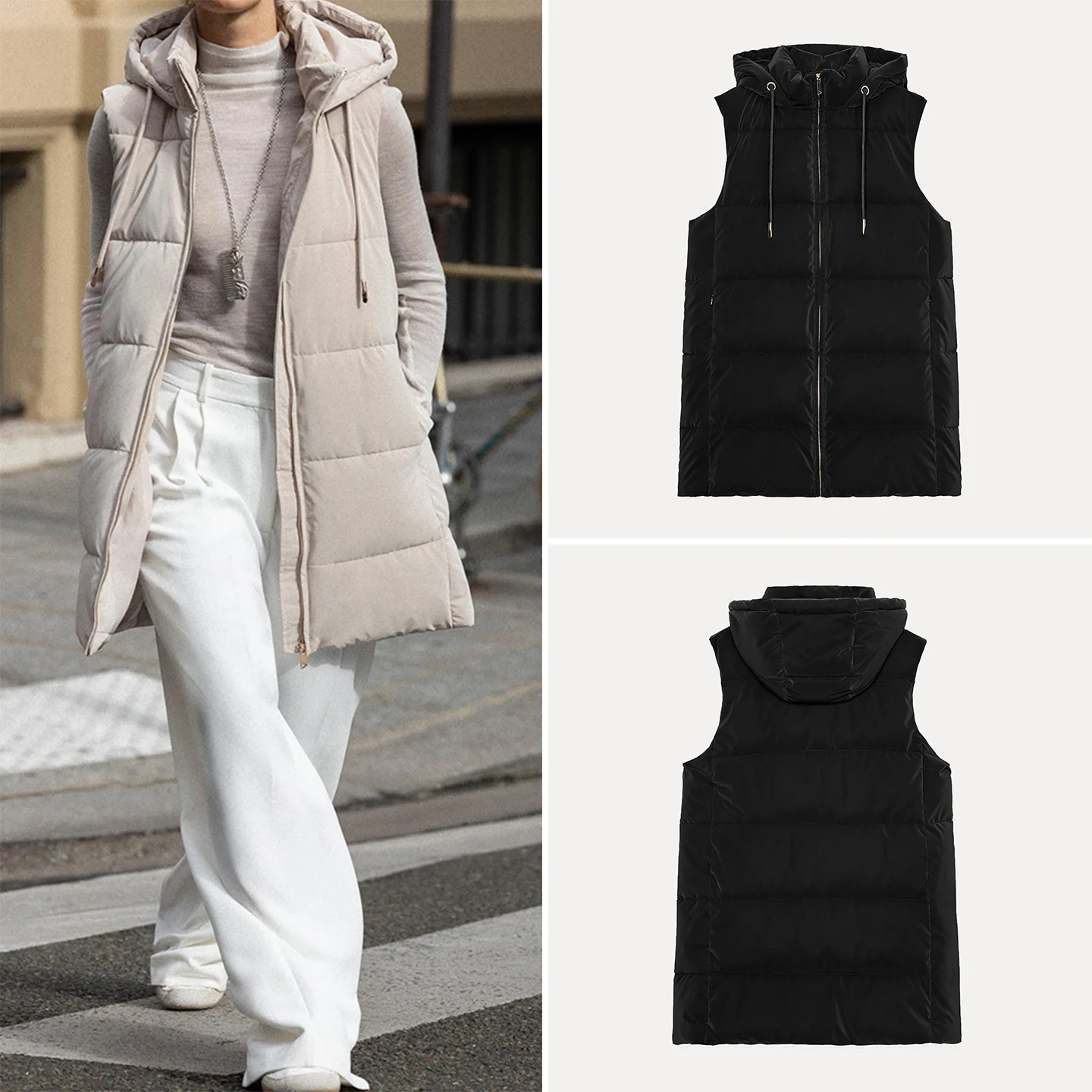 

Faionable Hooded Extended Vest Women's Clothing Commute Sle Pure Color Zipper Closure Other Material 00% Autumn New Arri...