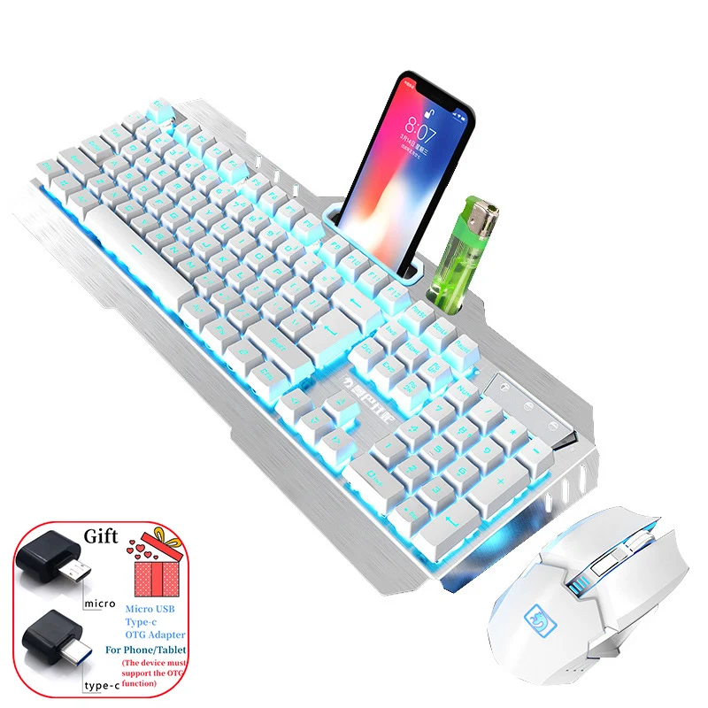 

Rechargeable Wireless Keyboard and Mouse Set Metal Panel 2.4G Gaming Keyboard E-sports Mouse Combos Mobile Phone Storage Holder