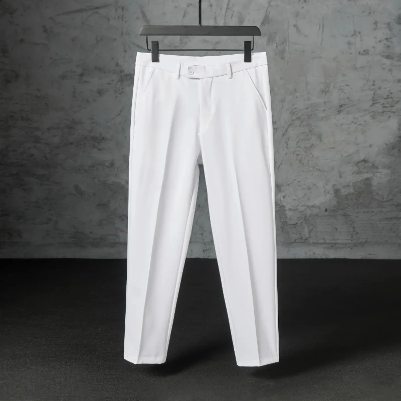 New Men Ice Silk Straight Leg Suit Pants Korean Wrinkle‑Free Draped Formal Office Business Solid Color Casual Trousers