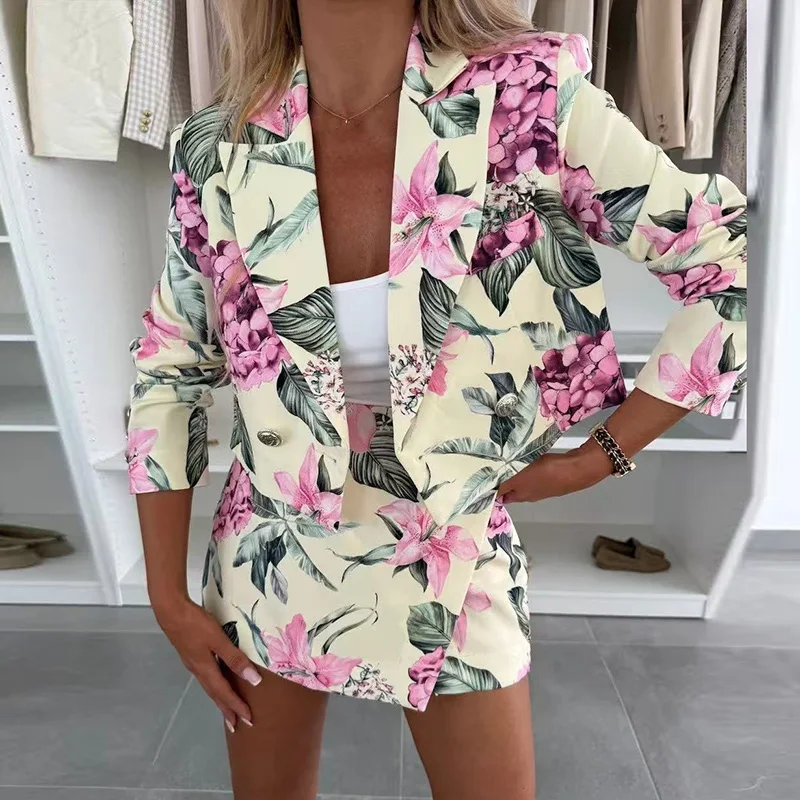 

Elegant Flower Print Commuter Outfit Fashion Lapel Collar Blazer Coat & Short Skirt Set Women Casual Long Sleeve Slim 2Pc Outfit
