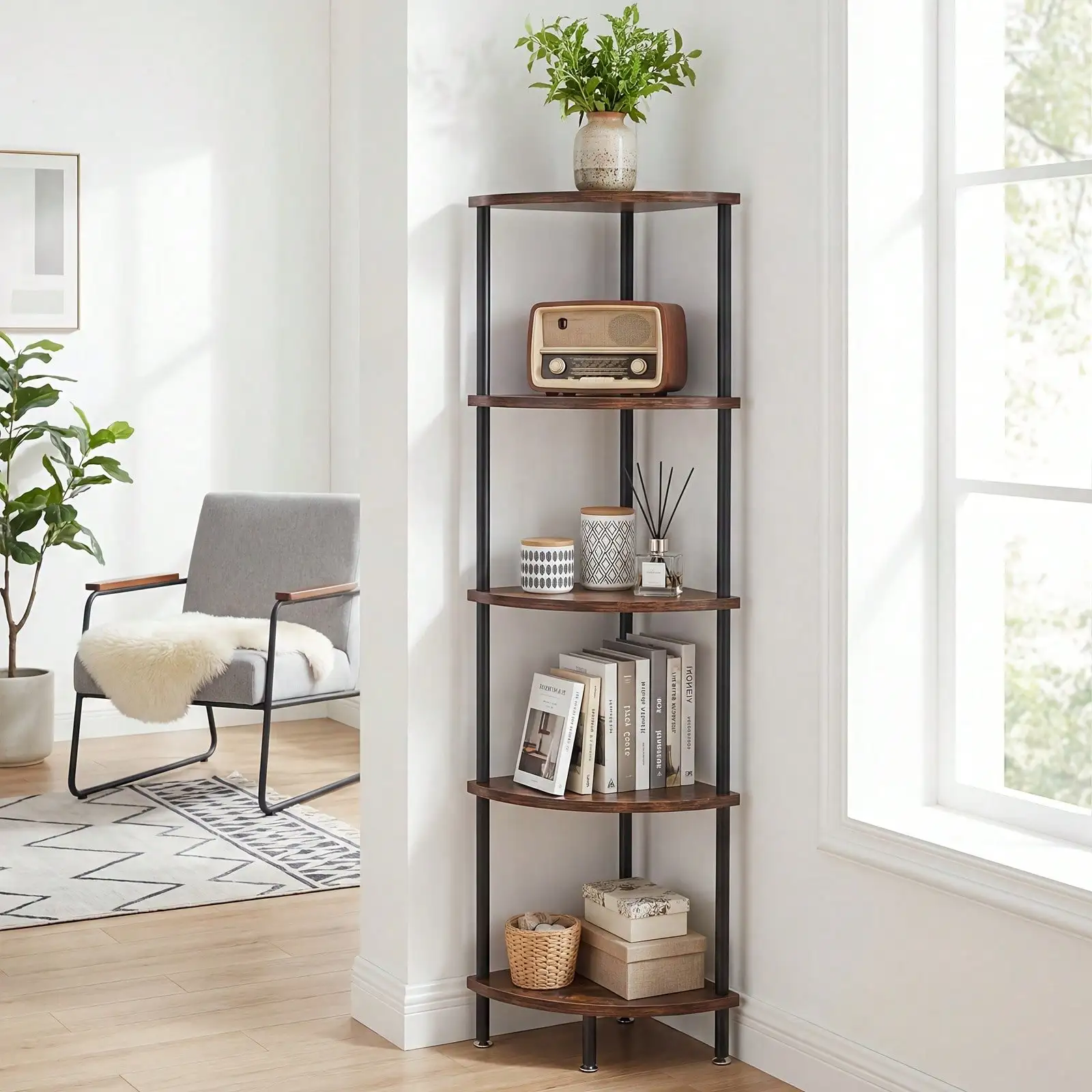 5-Tier Corner Shelf, Tall Trapezoidal Storage Rack, Space-Saving Bookshelf For Books & Plants, Multi-Functional For Living Room, Bedroom, Bathroom & Kitchen