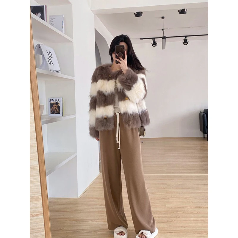 Elegant Cropped Fur Coat Women Black White Patchwork Fluffy Jacket Korean Party Furry Short Outwear Winter Warm Plush Overcoat