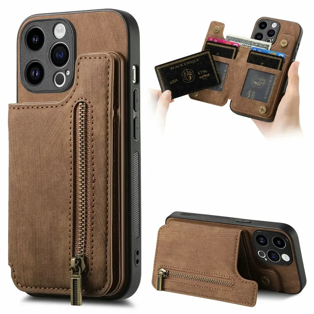 Zipper Wallet Etui for iPhone 16 15 Pro Max Case Leather Card Funda iPhone 11 12 13 Mini 14 Plus Xs SE2022 Back Coque Flip Cover