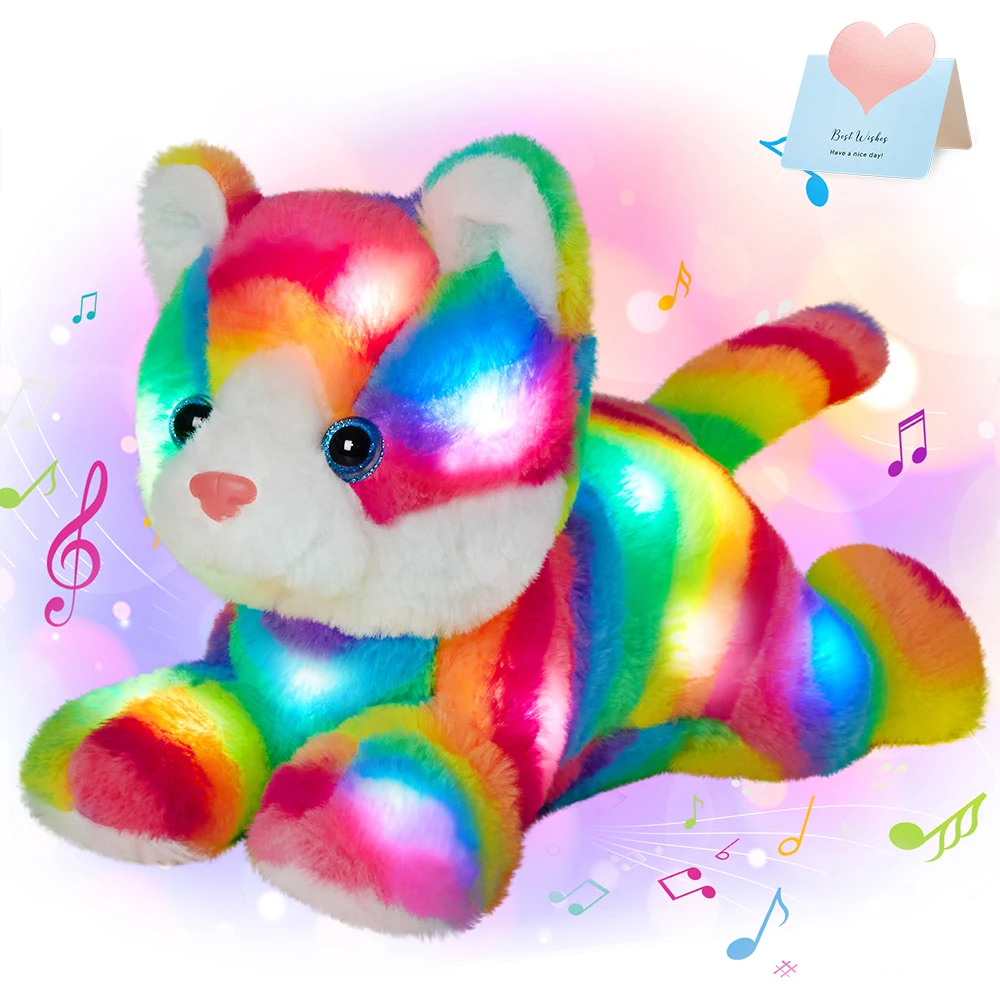 33cm Rainbow Cat Plush Toys with LED Light Luminous Musical Monkey Dog Dolls Stuffed Toy Animals Gifts for Girls Kids