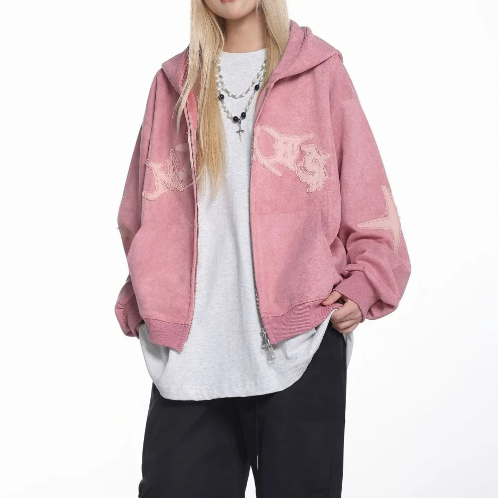 

Men's Distressed Suede Pullover Hoodie American Vintage Streetwear Patchwork Embroidery Unisex Oversized Zip Up Sweatshirt