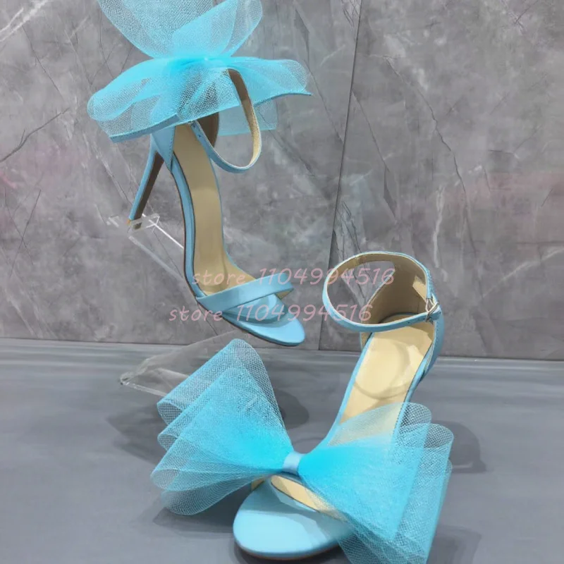 Pink Satin Lace Bow Decor Stiletto High Heels Women Blue Mesh Open Toe Ankle Strap Sandals Elegant Luxury Party Wedding Shoes