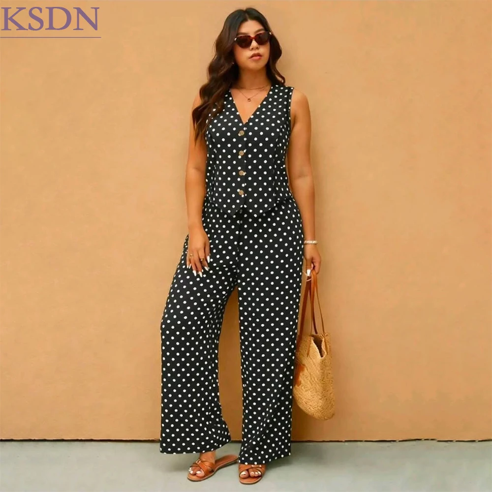 Fashion Sleeveless Dots Women's 2 Piece Suits Daily Summer Sleeveless Vest With Wide Leg Pants Sets Customized Outerwear