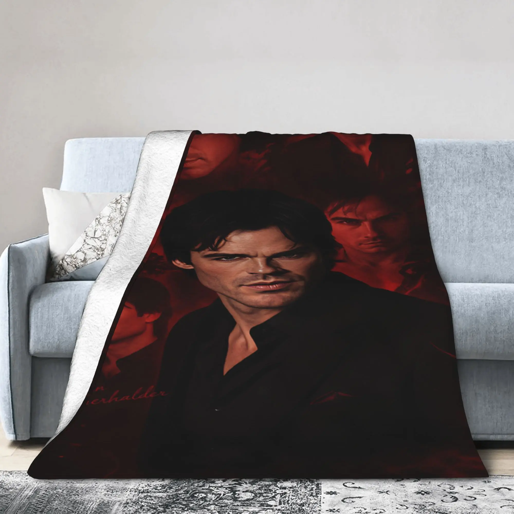 Soft Blanket Airplane Travel Damon Salvatore Red Dark Poster Throw Blanket Flannel Bedspread For Couch Chair Sofa Bed Cover