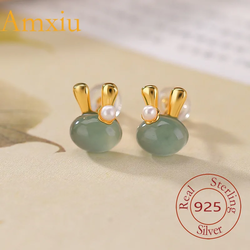 

Изысканные серебряные серьги Amxiu из стерлингового серебра 925 пробы с синим водным нефритом и позолоченным милым кроликом и жемчугом зодиака