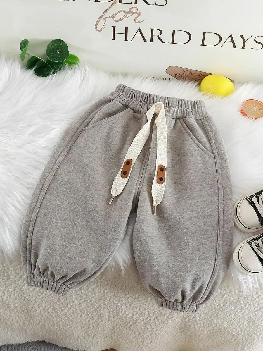 New 2025 Children's Casual Fce Lined Loose Fit Pants ex Pure Color Spor Autumn Winter Kids Trousers without Brand