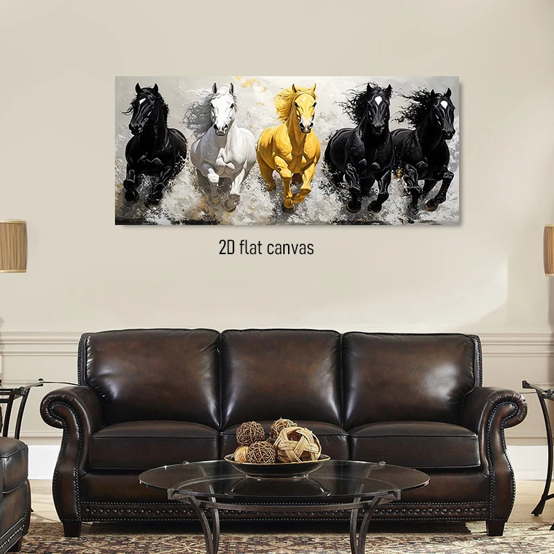 1 piece of five galloping horses canvas decorative painting, frameless painting mural, 2D flat