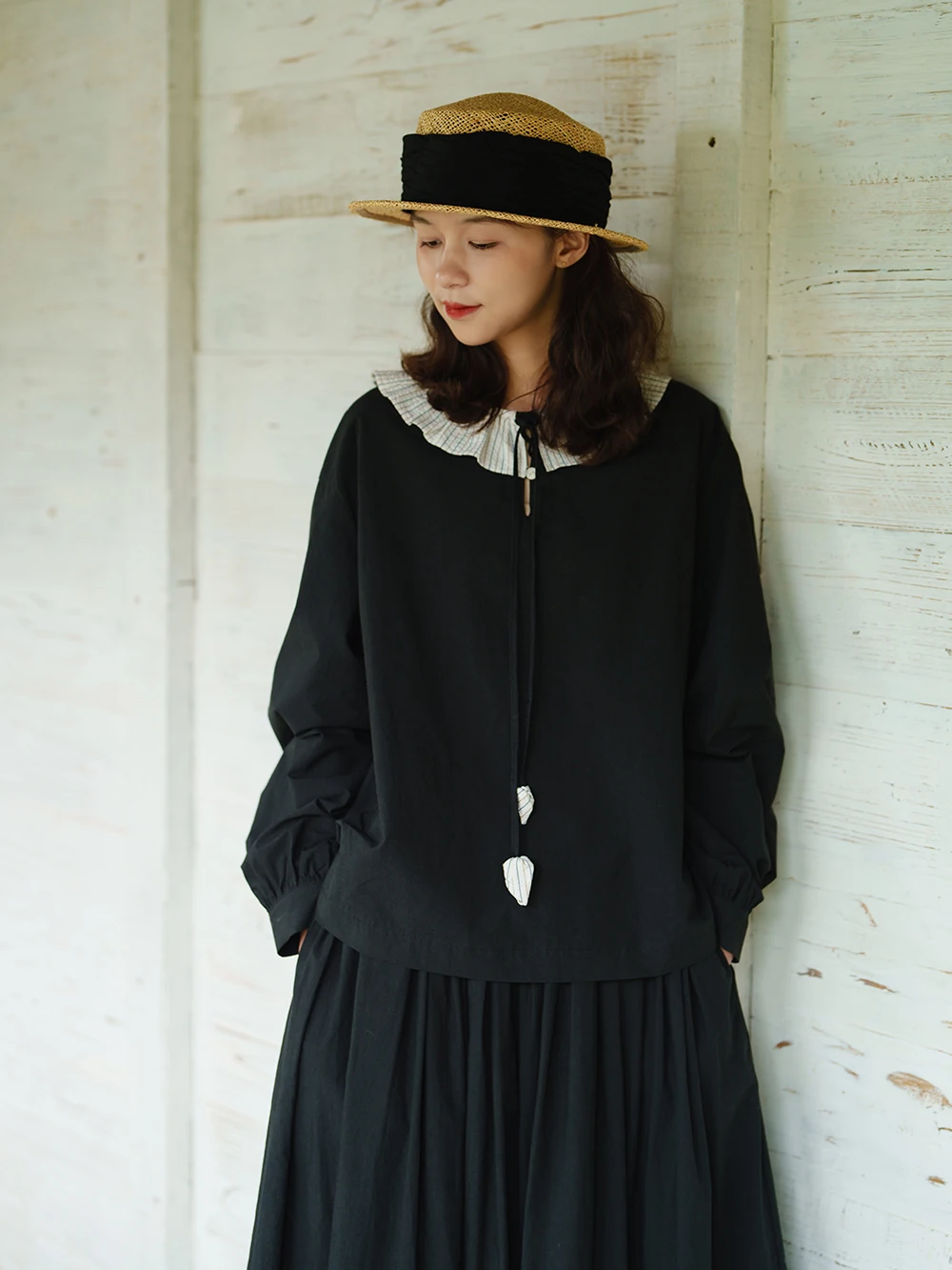 

Autumn Winter Japanese Sle Striped irt with Large Collar for Women Breathable Cotton Long Sve Artistic Loose Fit Top