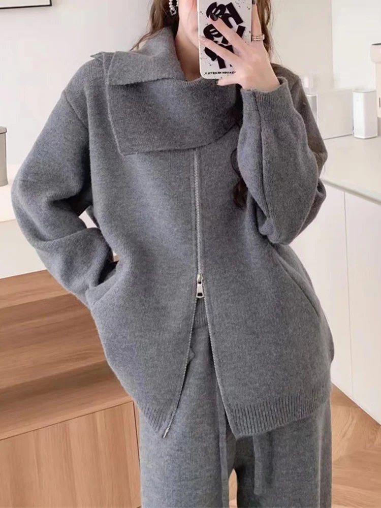 여성용 한국 스타일 니트 세트, 스카프, 지퍼, 긴팔 스웨터, 하이웨이스트, 긴 바지, 캐주얼, 2024 신상