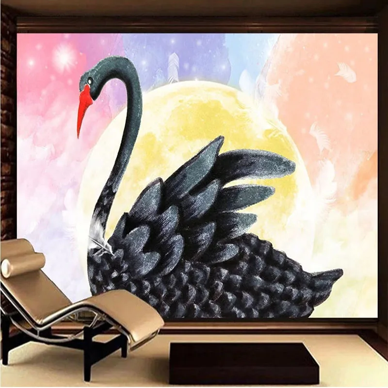 

Custom Self-Adhesive MuraWallpaper 3D Nordic Hand Painted Feather Swan Children's Room Interior Background Wall Papel De Parede