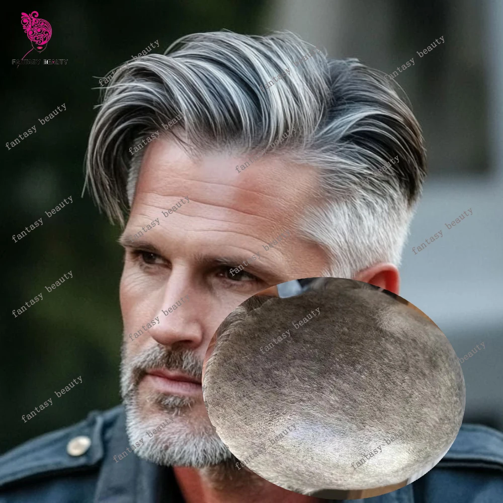 

Undetectable Grey 1B40 1B60 1B80 Brown Human Hair Old Men's Toupee Prosthesis Capillary SystemS Full PU 0.1mm Durable Hairpieces