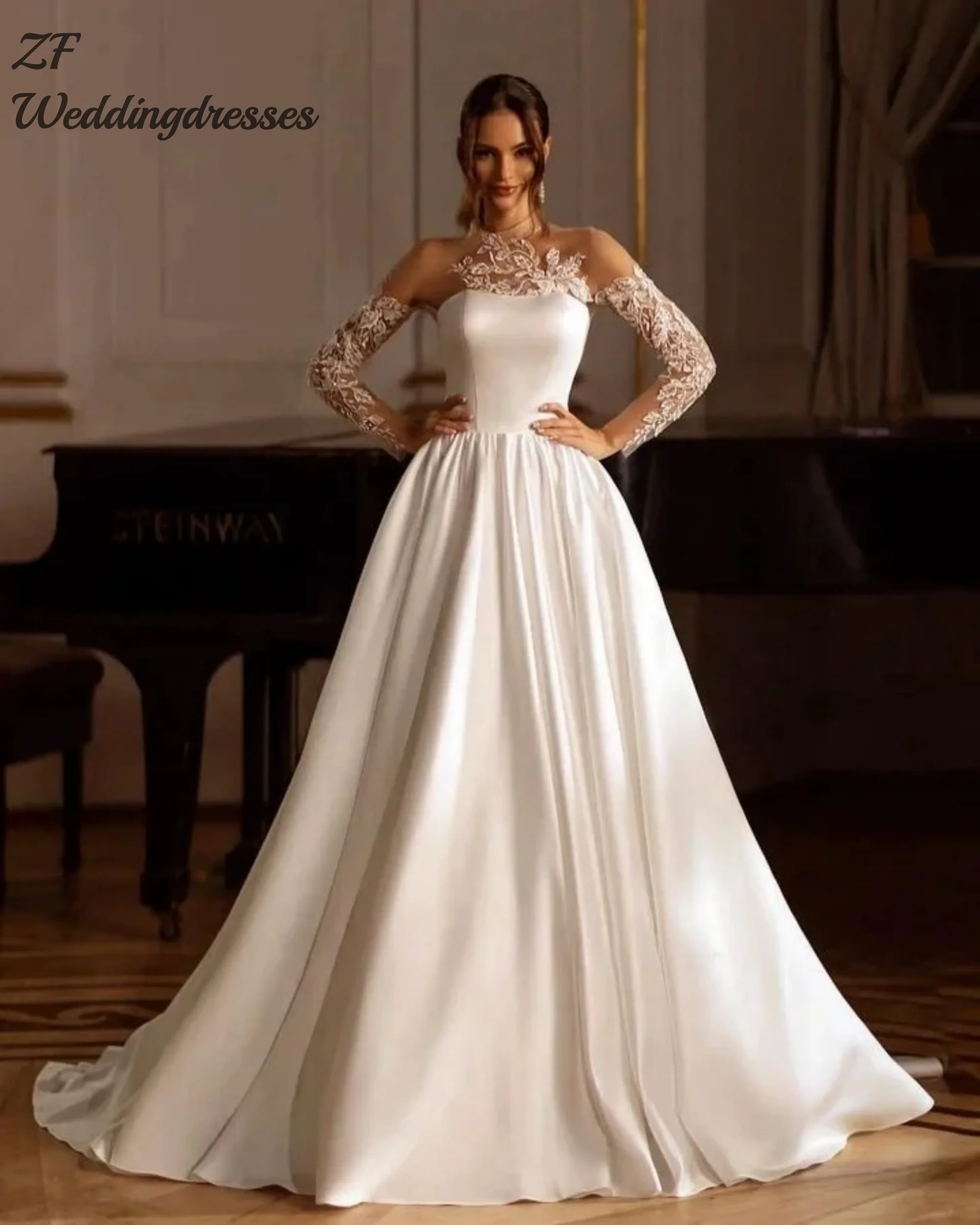 맞춤 제작 웨딩드레스 긴 소매 하이넥 신부 드레스 긴 웨딩드레스 여성용