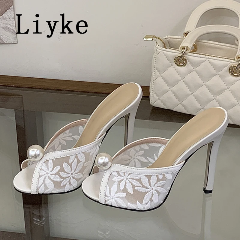 

Liyke Brand Designer Embroider Mesh Women Slippers Sandals Fashion White Pearl Peep Toe Thin High Heels Banquet Party Shoes