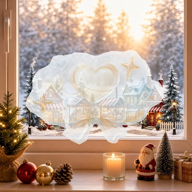 Christmas Window Static Decals Watercolor Christmas Village 2D Flat Vivid Color Stickers for Restaurant Xmas Holiday Decor