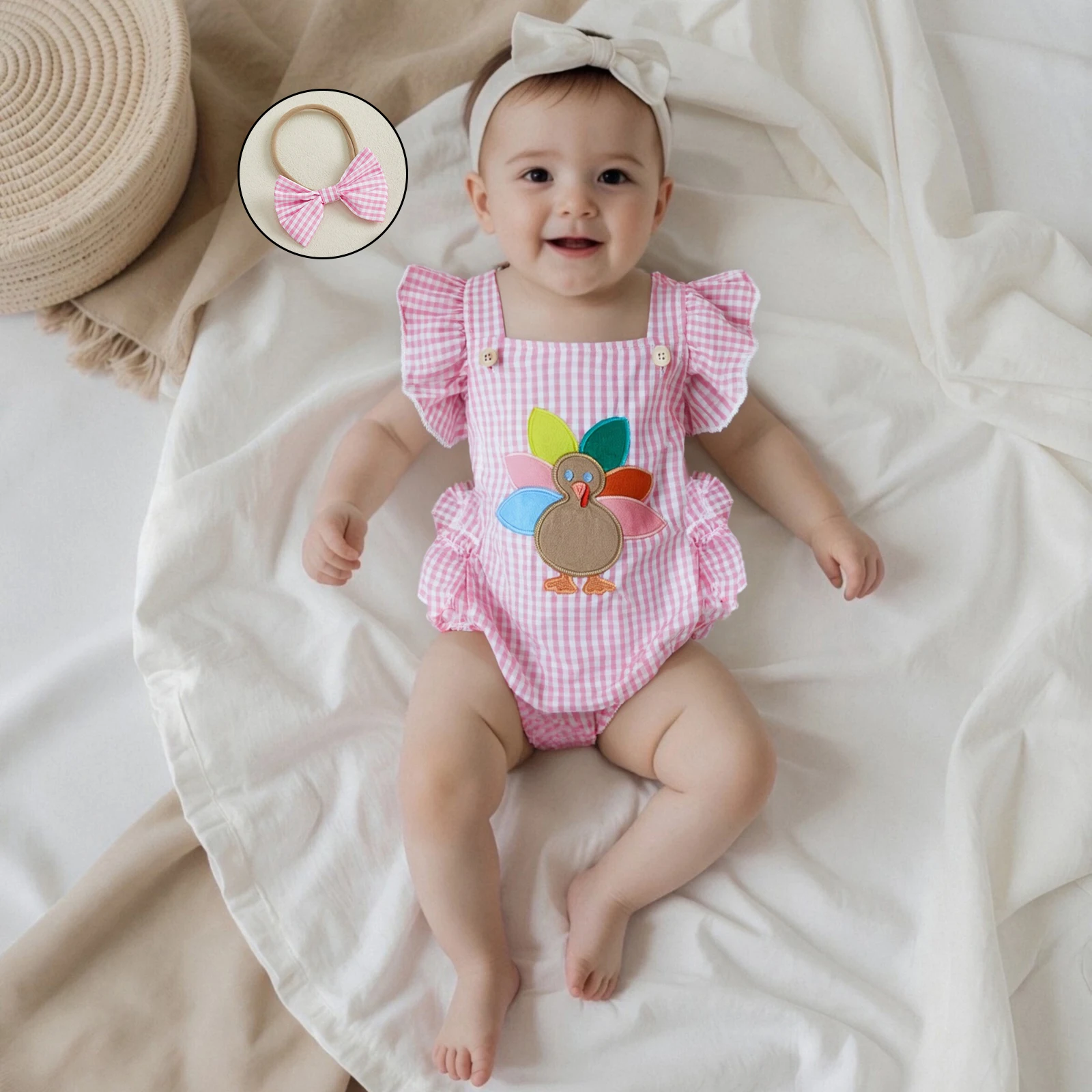 

Baby Girls Rompers Thanksgiving Turkey Embroidery Plaid Fly Sleeve Jumpsuits with Headband Newborn Clothes
