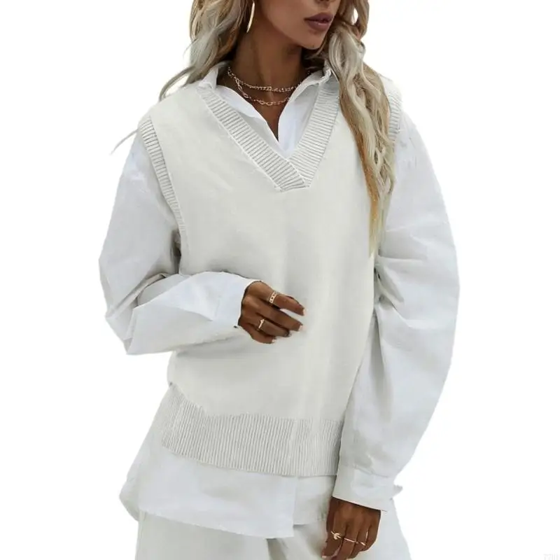77HE Women's V-neck sweater vest, sleeveless ribbed knit pullover, uniform camisole.