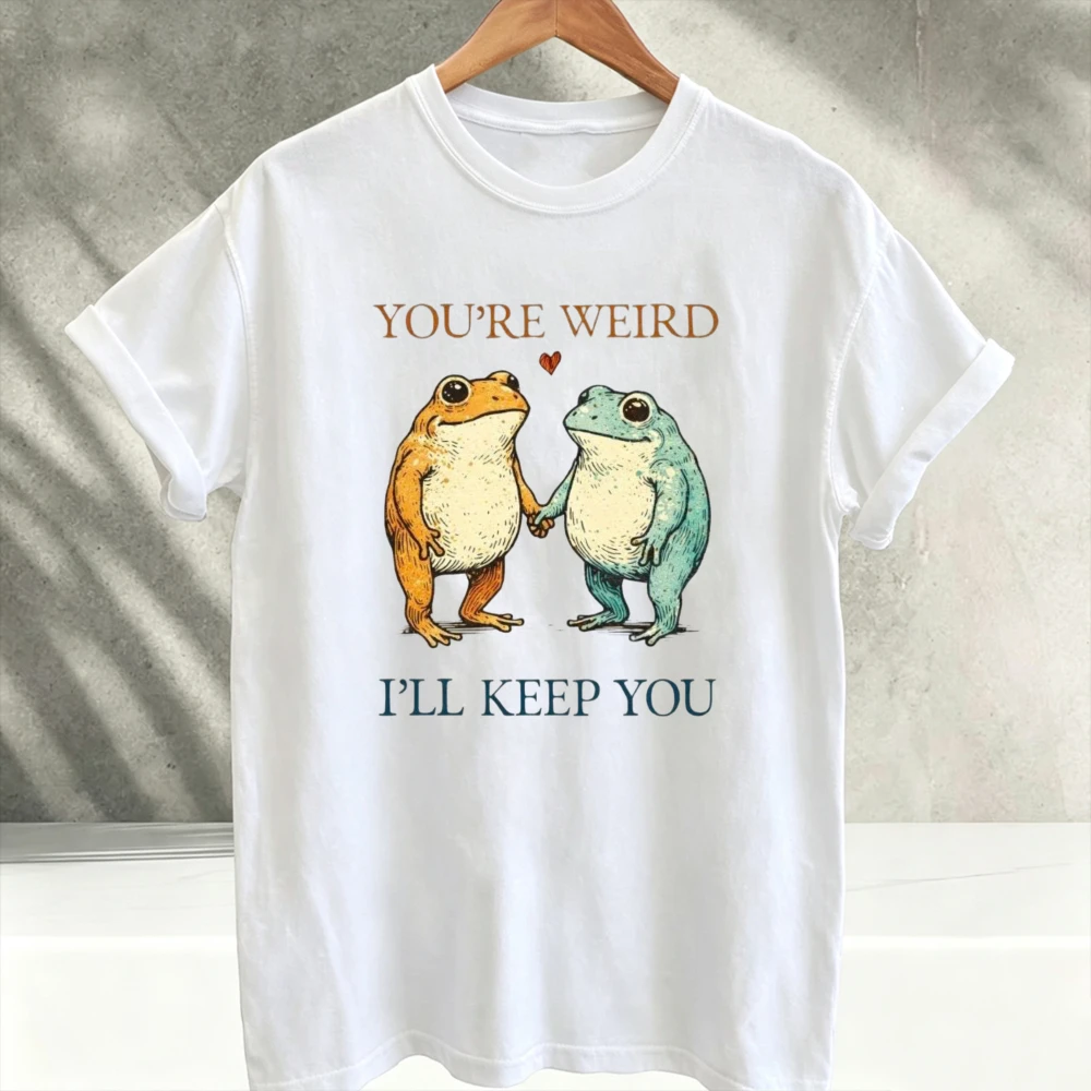 You're Weird I'll Keep You Cute Holding‑Hands Frog Couple Graphic T‑Shirt Frog Love Heart Slogan Animal Print Soft Casual Cotton