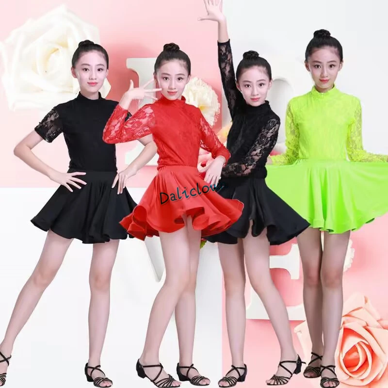 Latin Dance Dress For Girls Short Long Sleeve Lace Standard Ballroom Dancing Dress Skirt Kid Performance Wear Tango Salsa Dress