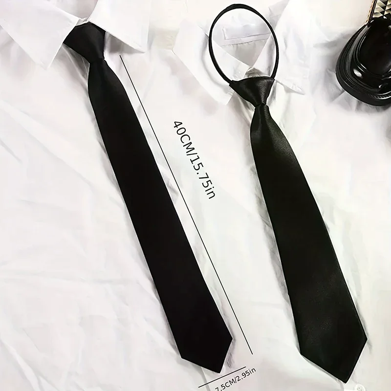 Unisex Black Color Simple Clip on Tie Slim Tie Uniform Shirt Suit Neckties for Men Women Lazy Neck Ties Clothing Accessories