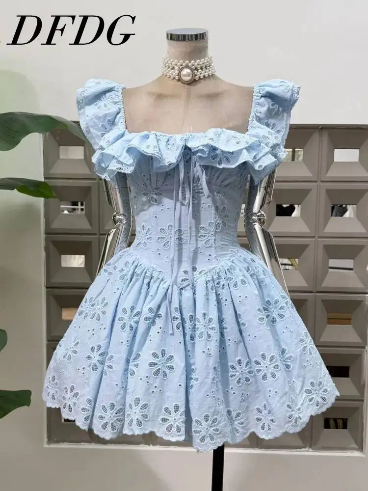 

DFDG Women 2026 Spring Summer Eyelet Lace Corset Mini Dress Square Neck Puff Sleeve Tie Front Flared Hem Elegant Party Dress