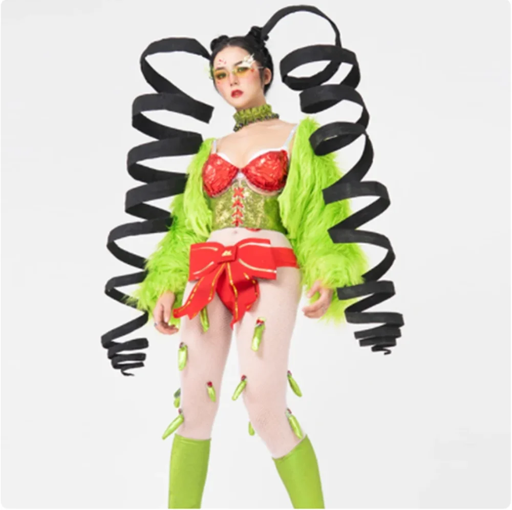 

Halloween Cosplay Clothes Plush Coat Sexy Sequins Bikini Spring Braids Gogo Dancing Outfit Stage Costume Festival Clothing