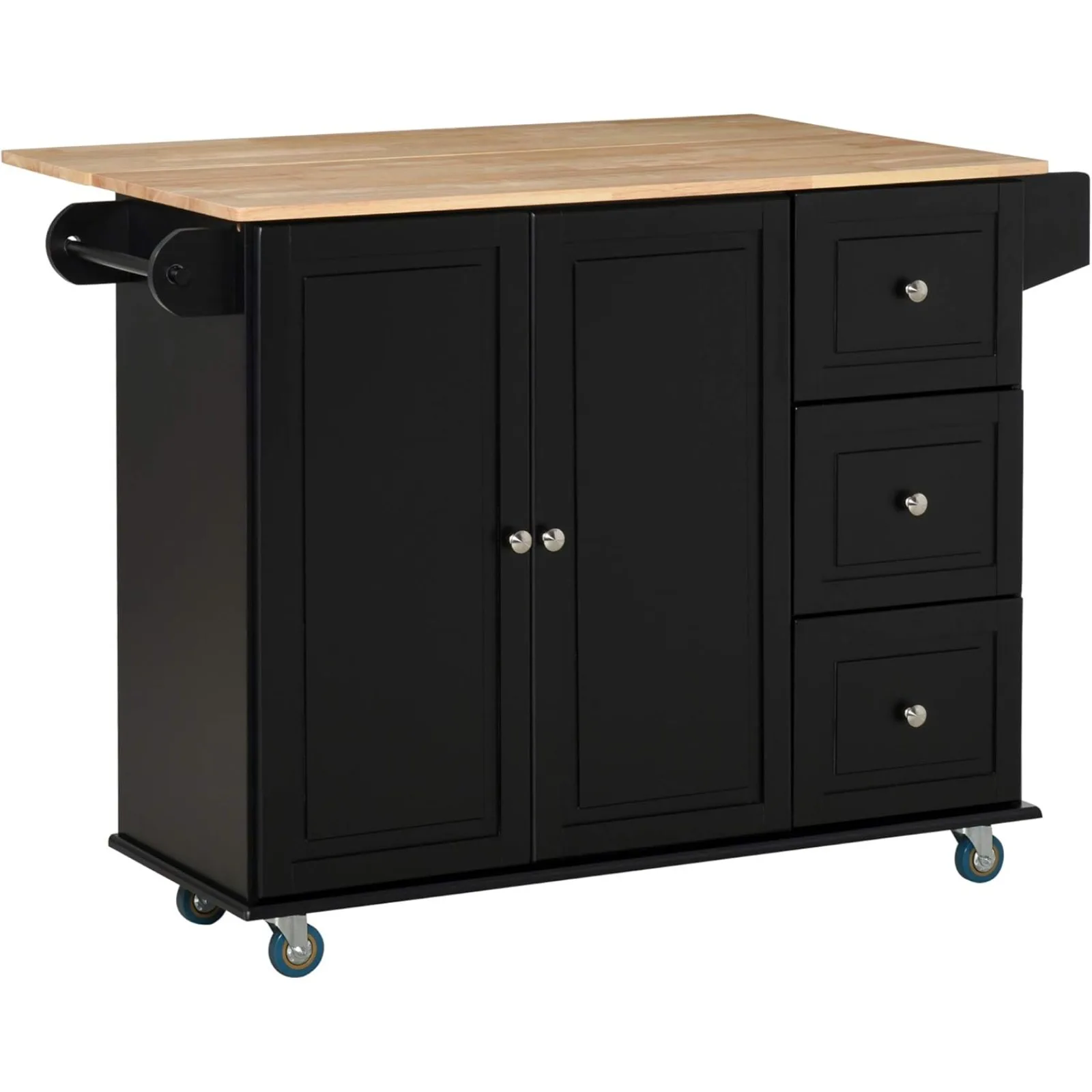 

US Mobile Kitchen Island with Drop Leaf, Storage Trolley Cart on Wheels, Towel/Spice Rack, 3 Drawers, 2-Door Cabinet,