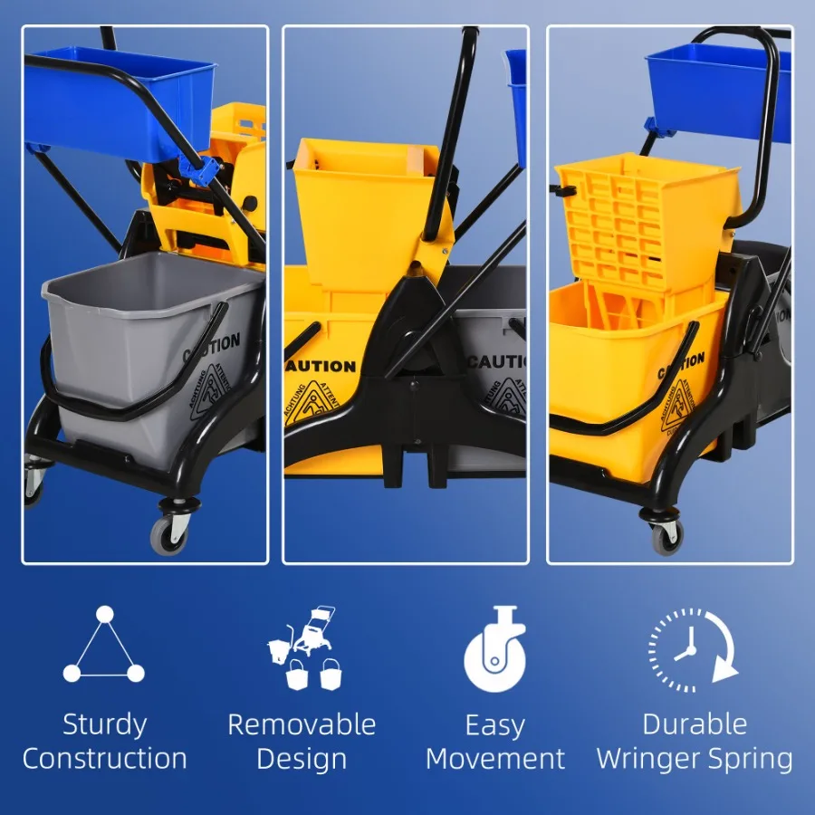 6.9 Gallon Mop Bucket Wringer Cart Easy Side Press Yellow Black Smooth Wheels MopHandle Holder