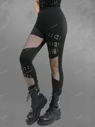 ROSEGAL Plus Size Women Elastic Waist Pants Black Gothic Fishnet Hollow Out Patchwork Buckle Grommet Skinny Pant Bottoms