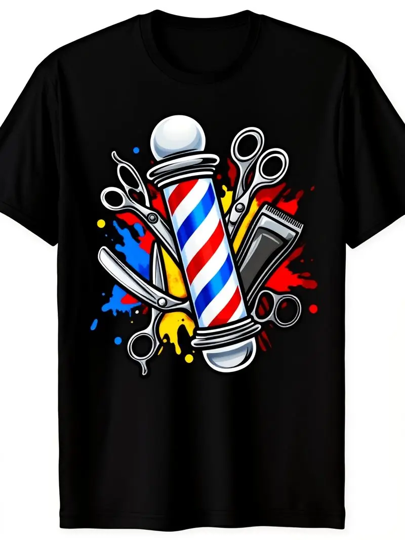 Men's Barber-Themed T-Shirt Barber Rod Scissors Print Retro Barbershop Signature Design Loose Fit Round Neck Short Sleeve Casual