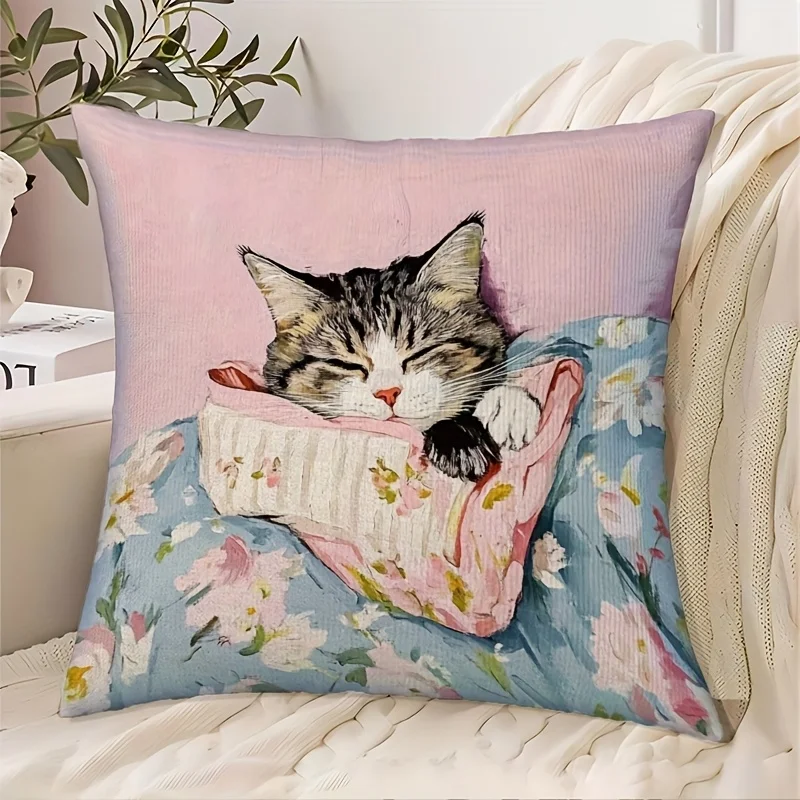 Floral Watercolor Sleeping Tabby Cat Throw Pillow Cover - Decorative Cat Lovers Pillow Case for Home Decor