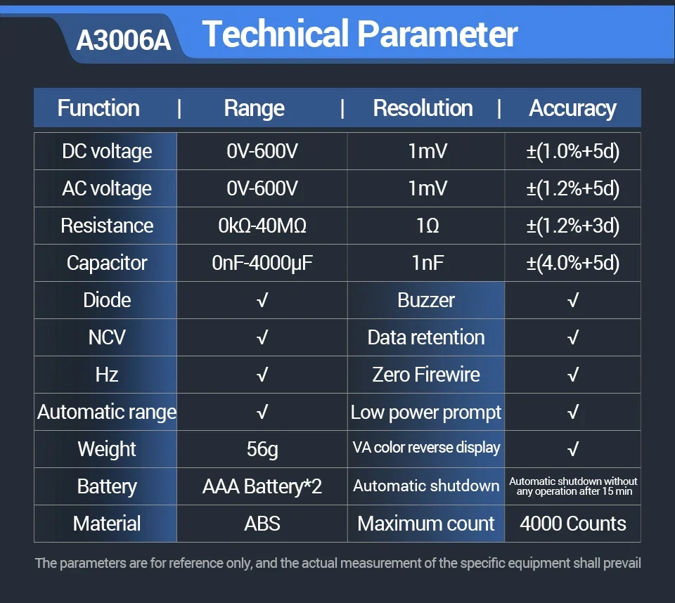 ANENG Digital-Multimeter-Teststift, 4000 Zählungen, AC/DC-Spannung, A3006A, berührungsloser induktiver Strom, Hz-Dioden-Widerstandstester – Detail 6