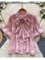 Spring French Polka Dot Blouse Design Sense Ruffled Slim Sweet Streamer Age-reducing All-match Chiffon Shirt Tops Female D0352