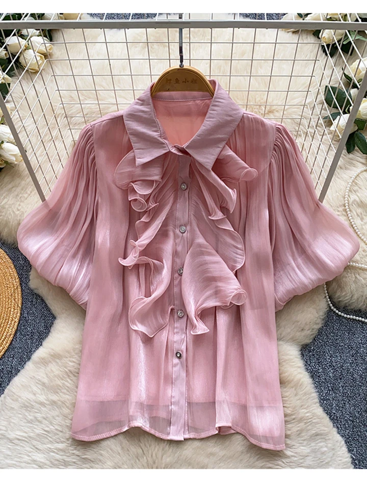 Summer French Sweet Ruffle Blouse Women's New Fashion Pink Short