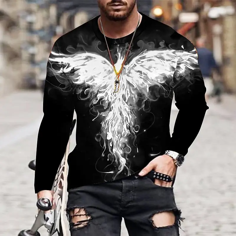 Men Flame Phoenix Wings 3D Print Streetwear Long Sleeve Crew Neck T Shirt