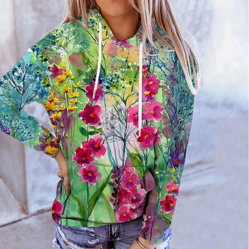 New Floral Oil Painting Hoodies Flower 3D Print Women Casual Long Sleeve Hooded Sweatshirts Streetwear Pullovers Female Clothing