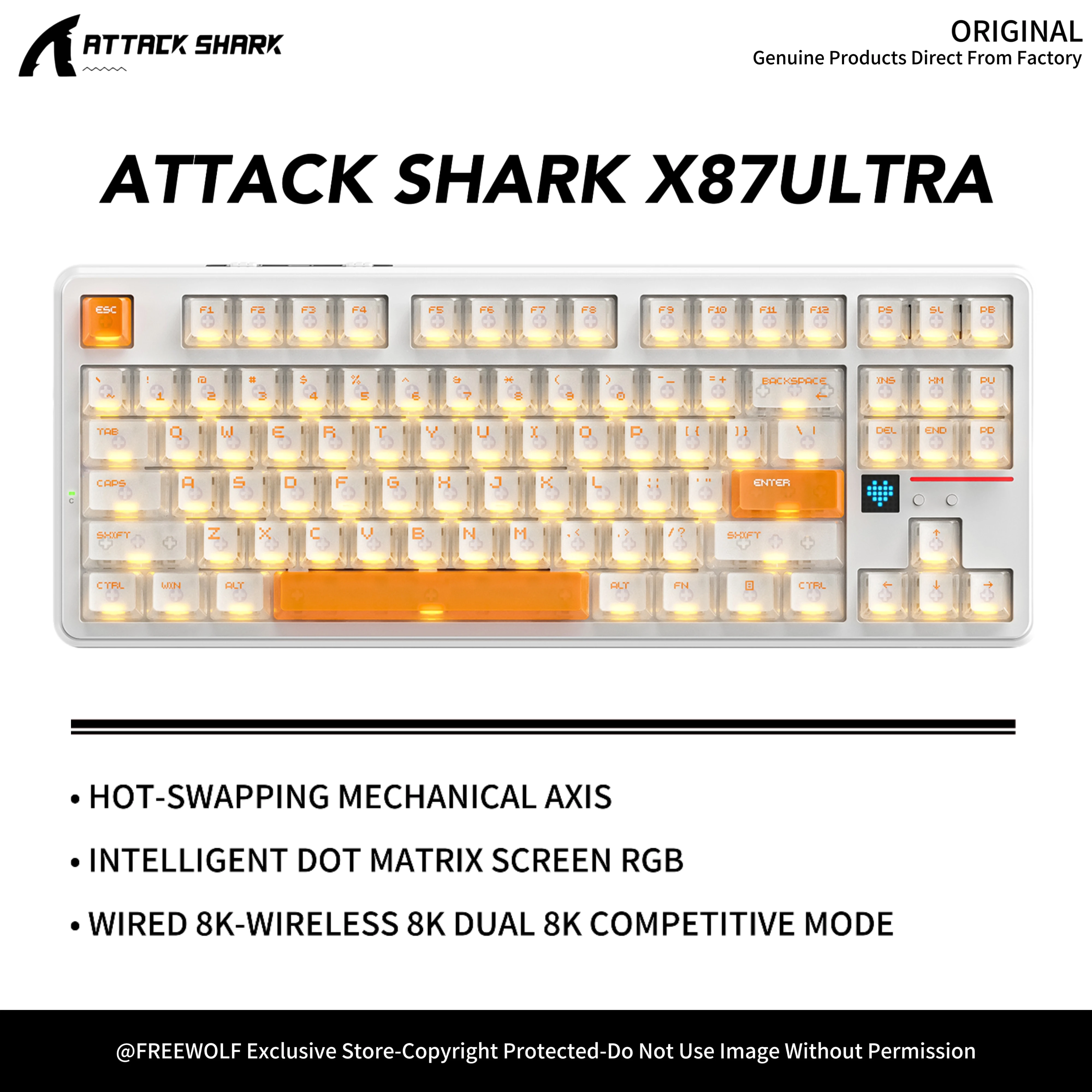 Attack Shark X87Ultra Dual Mode 8K Keyboard,0.125ms Rapid Response,Intelligent Dot Matrix Screen,10000mAh,Hot Swapping