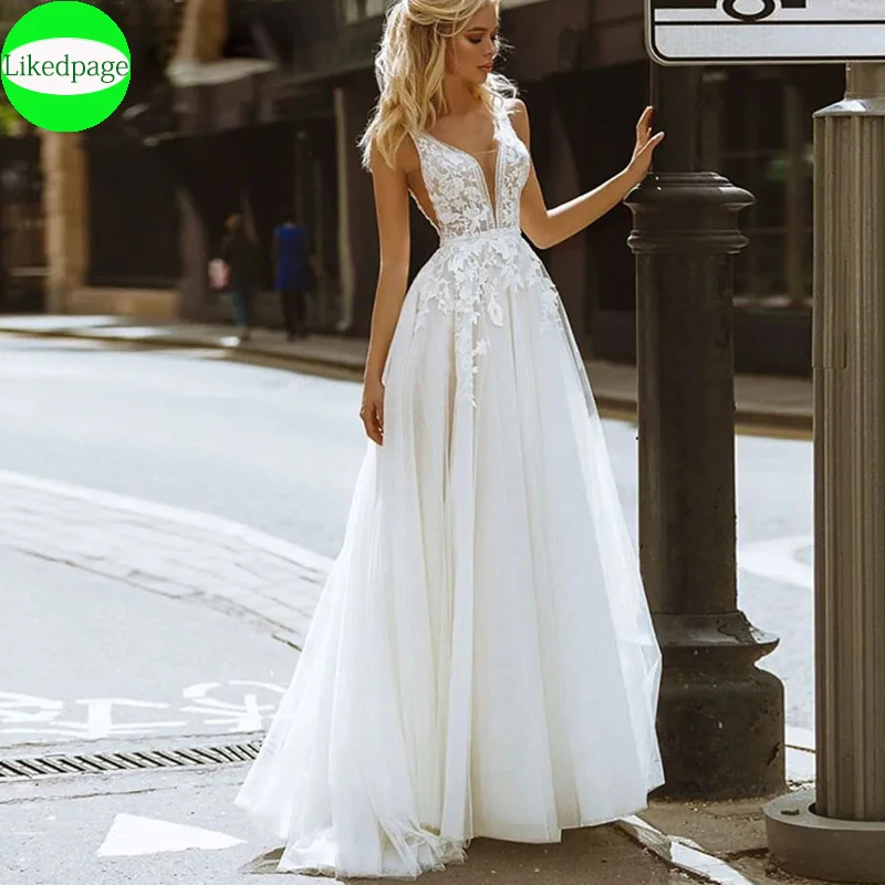 

V-Neck Appliques Tulle Boho Wedding Dresses Simple Lace A-Line Sleeveless Backless Beach Bridal Dress vestidos de novia