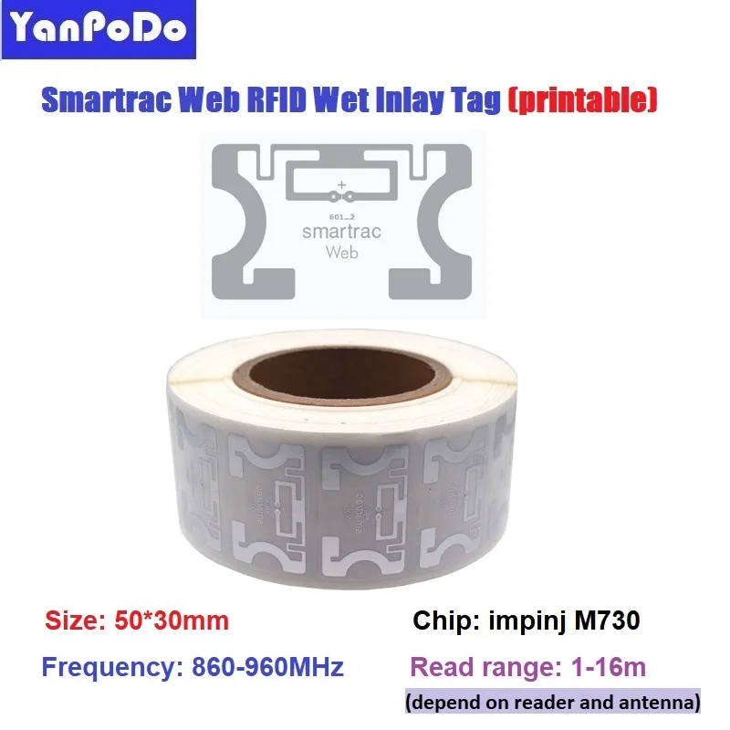 Original Smartrac Web Belt RFID uhf tag EPC 6C Ucode 8 impinj M730 chip adhesive 860-960mhz RFID tag sticker for Asset Tracking