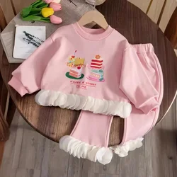 Children's Clothing Sets Cake Print Lace Long Sleeve Top + Flare Pants 2pcs Sets Toddler Girl Clothes for 3 To 7 Years