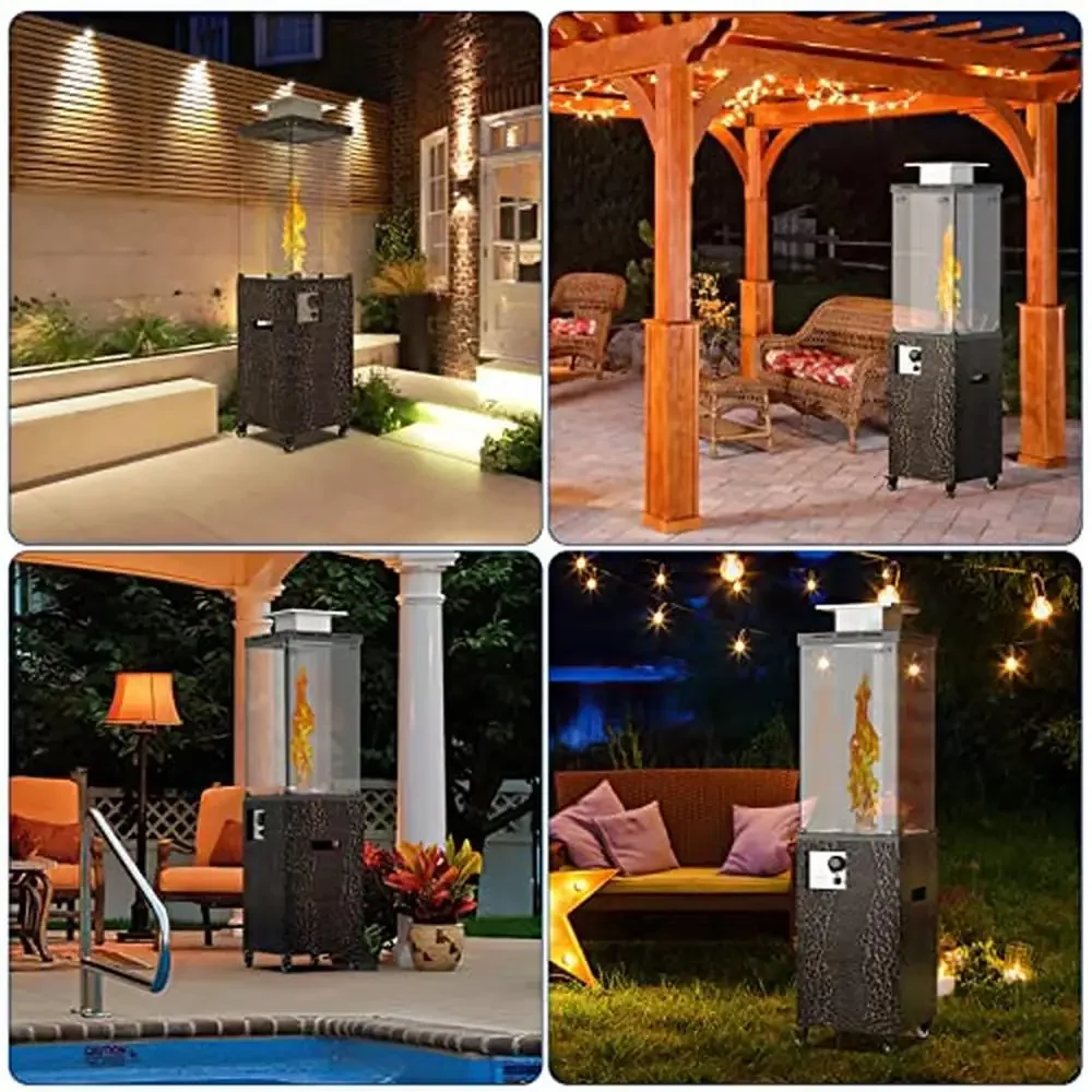 Outdoor Patio Heater 56'' Propane Heater with Wheels Metal hood Weather Cover 201 Double Tempered glass 41000 BTU Gas Fireplace