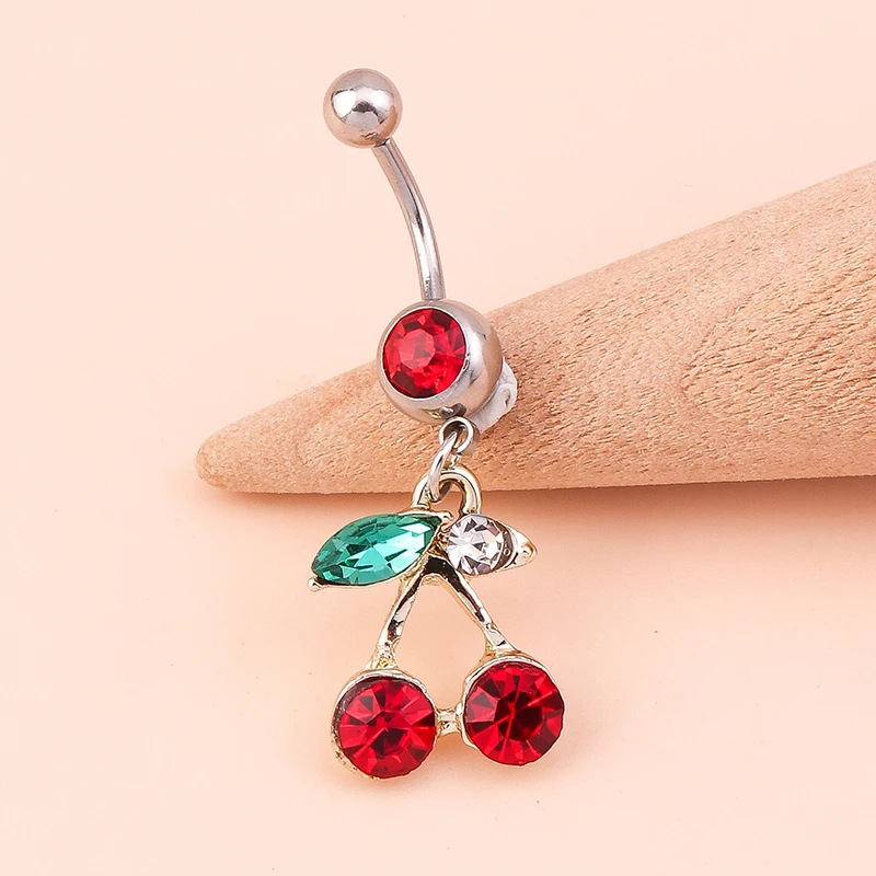 Fashion Crystal Cherry Belly Button Rings Sexy Navel Rings Belly Piercing Body Jewelry Women Girl Party Holiday Jewelry Gifts