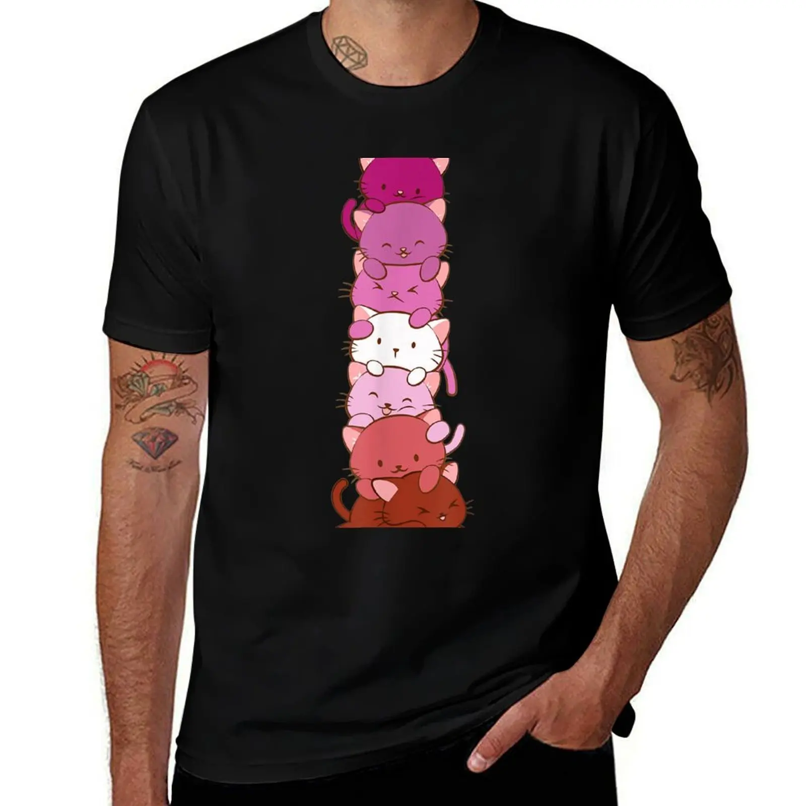 

Lesbian Pride Flag Cute Pink Kawaii Cat Stack Anime Art T-Shirt mens graphic t shirts g man t shirts for men T-Shirt